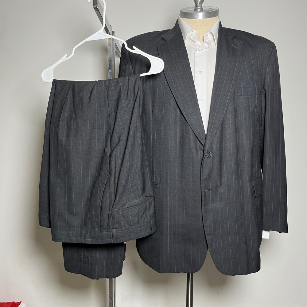 Towncraft Suit Mens 50L 46x31 Charcoal Grey Pinstripe Worsted Wool Blend 2-Piece